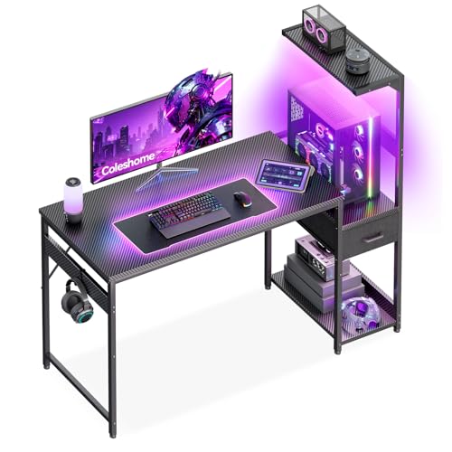 Coleshome Escritorio Gaming con LED, 120x48cm, Fibra de Carbono Negra