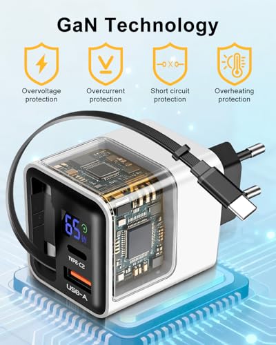 Cargador GaN 65W 3 en 1 blanco con cable USB-C extensible para iPhone y Switch 4