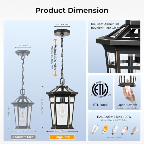 Image of VIANIS Large Outdoor Pendant Light with Adjustable Chain, Black(Gold Trim)