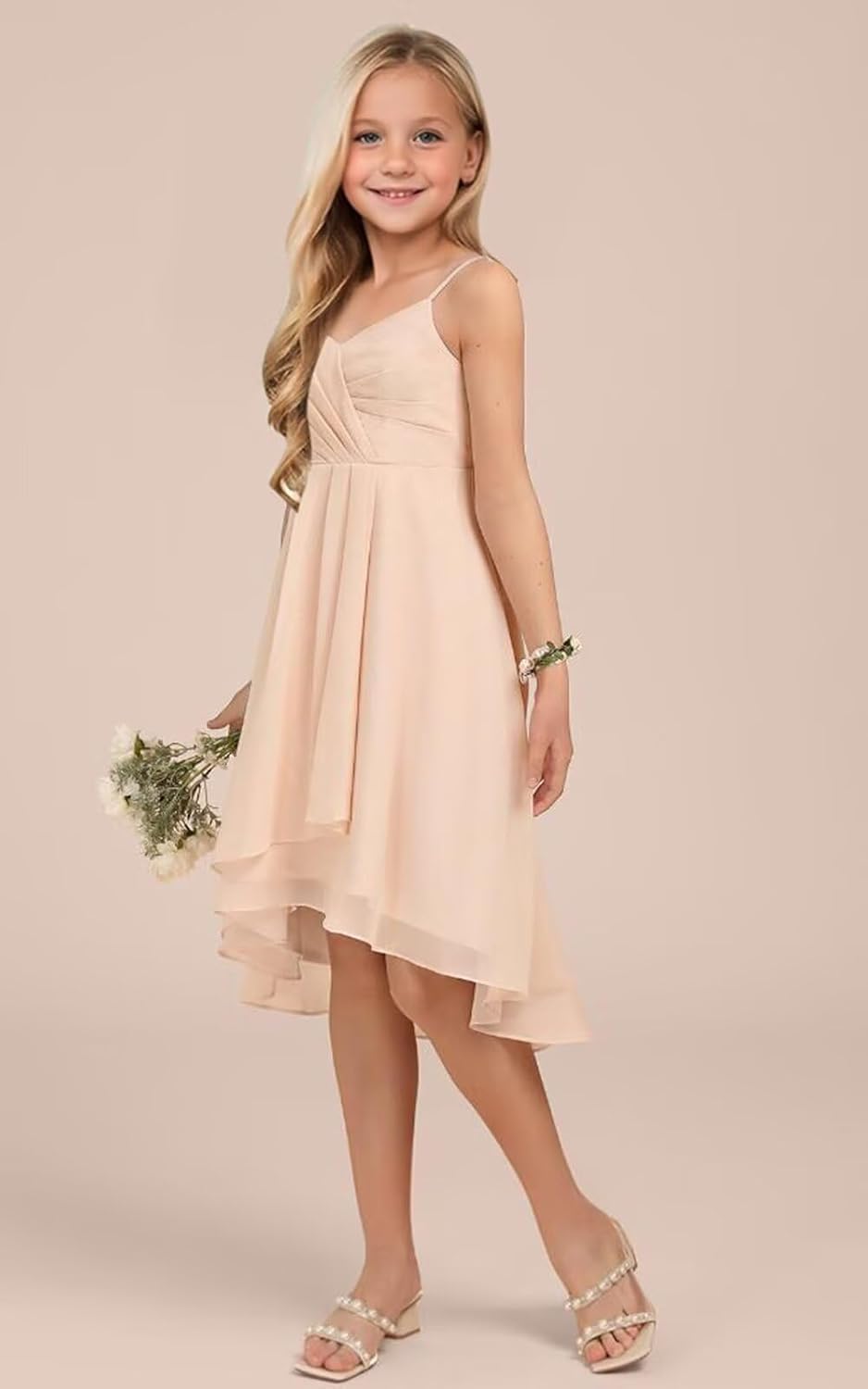 Spaghetti Straps Chiffon Junior Bridesmaid Dresses with Pockets High Low Pleated Flower Girl Wedding Party Dress