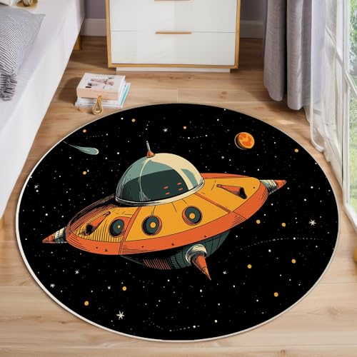 Tapis de zone ronde vaisseau spatial orange lavable et doux