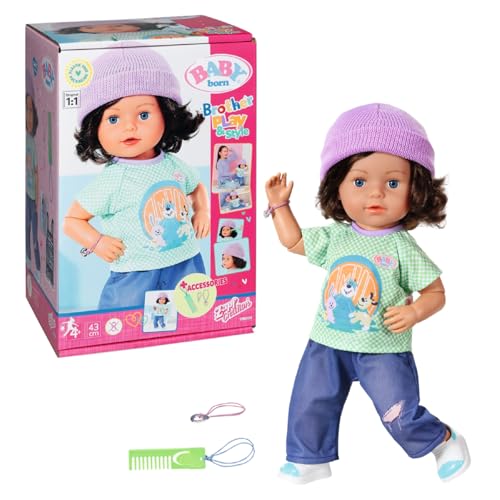 BABY born Brother Play & Style 835401, Muñeco de 43 cm con cabeza y cuerpo flexibles, Incluye 7 funciones y 10 accesorios, Adecuado para niños mayores de 4 años