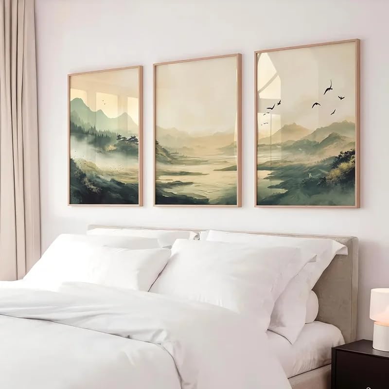 Tableau sur toile vert olive paysage urbain triptyque de 40x60 cm pour salon