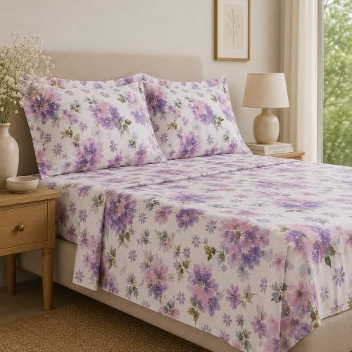 Image of Linen Home Cotton Percale Flat Bedsheet Set Queen Size Floral Purple