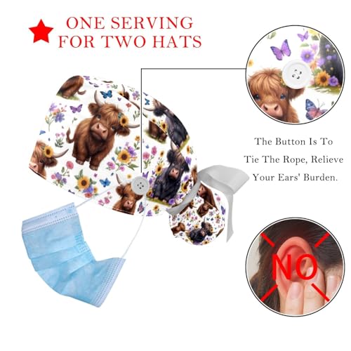 Image of 2 PCS Bouffant Cap with Button Ponytail Pouch Working Cap Sweatband Adjustable Surgical Cap Black and White Cow