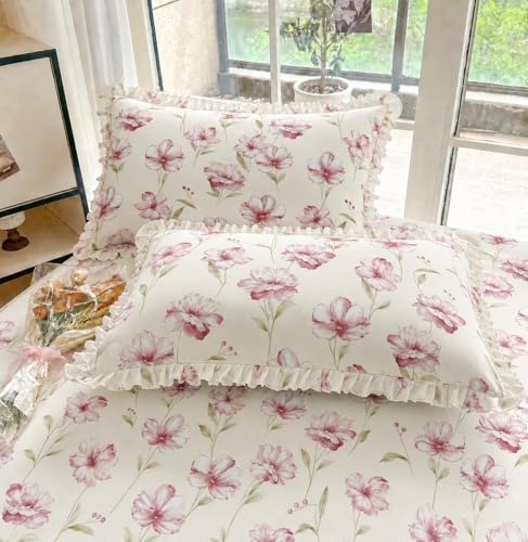 Image of VOMZER King Size (72x78) 300 TC Soft Cotton Feel Microfiber All Around Elastic Fitted Double Bedsheet with 2 Frill Pillow Covers | Rose Pink