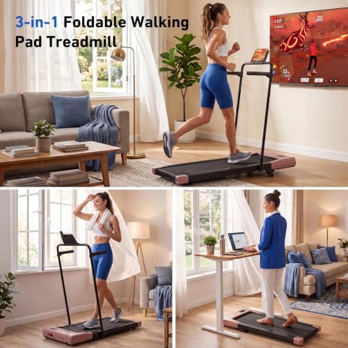 Image of DeerRun Walking Pad Treadmill, 7% Incline Foldable Treadmill with Handlebar | Quiet Under Desk Treadmill with Handlebar, 2.5HP & 3.8MPH, 300 lbs Capacity for Home Office Walking with App