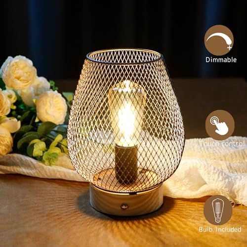 JHY DESIGN Dimmable Touch Bedside Table Lamp Metal Rechargeable Battery Powered Lamp with LED Bulb Cordless Accent Lamp for Weddings Parties Patio Events for Indoors Outdoors(Bronze Egg, Wooden Base)