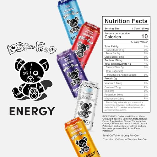 Lost and Found Energy Drink, Sugar Free, 12 Pack, 16oz - 150mg Caffeine, Taurine, Gluten-Free & Vegan