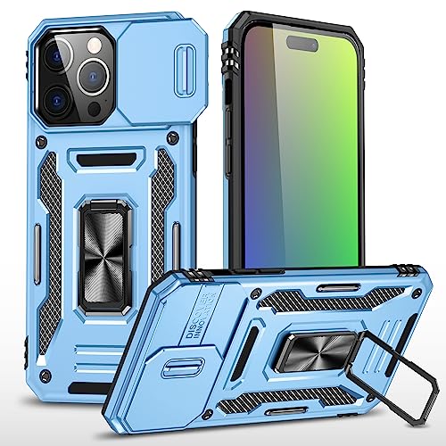 Image of Polycarbonate Slide Camera Cover with Ring Holder Mobile Phone Back Cover for iPhone 15 Pro (Blue)