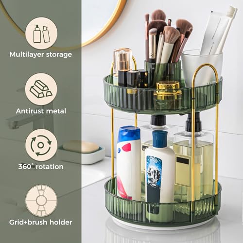 Image of 360 Rotating Makeup Organizer, Upgraded 2 Tier Skincare Perfume Organizers for Women, Bathroom Organizer Countertop, Clear Cosmetic Dresser Organizer with Makeup Brush Holder, Sink&Counter (Green)