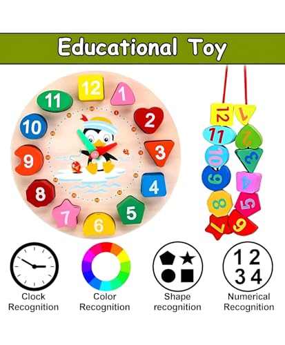 Image of WireScorts Learning Clock with Bead Lace, Educational Digital Analog Numbers, Shape & Color Learning Montessori Toy for Kids - Multi Color