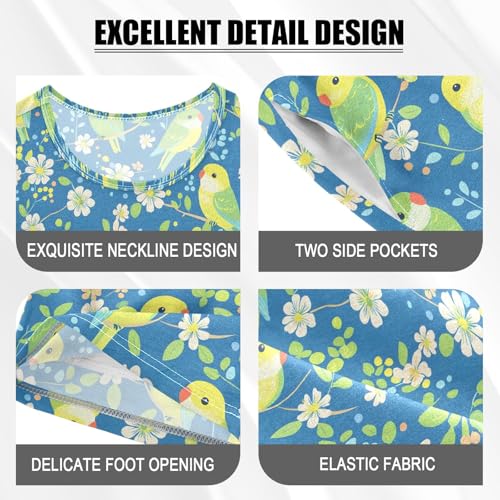 Green Parrot Flower Pattern Summer Cute Pajama Sets, Short Sets for Daily Wears and Sleep Wears4