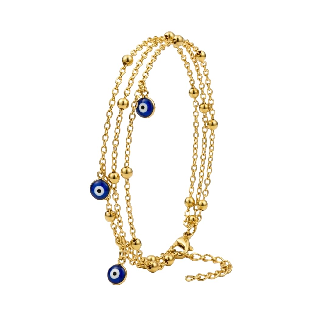 Premium Anklet for Women Gold Plated Brass Triple Layered Blue Evil Eye Nazar Beads Traditional Jewelry for Wedding & Festive Fashion Accessories