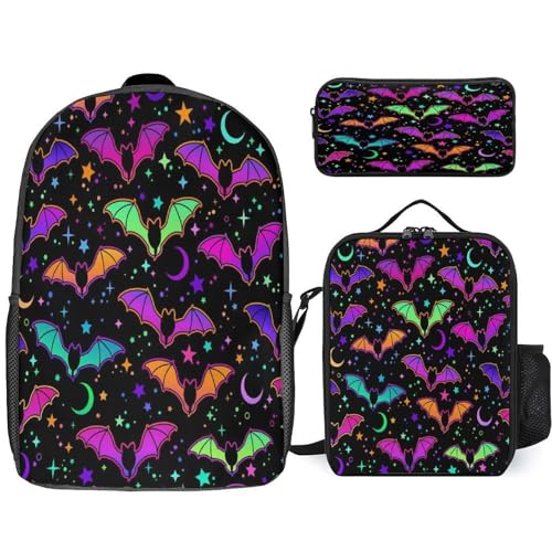 Colorful Bats Stars Moon Backpack Set 3 Pieces Backpacks Lunch Bag Wallet For Travel Outdoor Sports