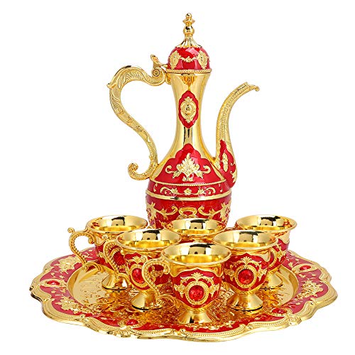 LIYJTK Turkish Coffee Pot Set Metal Turkish Tea Set with 6 Luxury Coffee Cups and Craft Tea Tray Teapot Set Home Art Crafts for Tea Coffee Tea Table Decor Wedding Gift(Gold & Red)
