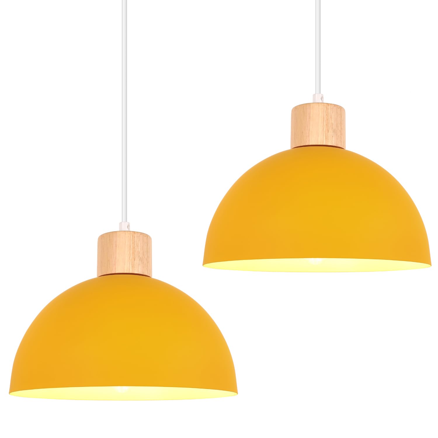 iDEGU Set of 2 Retro Pendant Light Fixtures E27 Ceiling Light Modern Scandinavian Style 25cm Hemisphere Hanging Lampshade Metal Wood Pendant Light for Bedroom Dining Room Kitchen Restaurant (Yellow)
