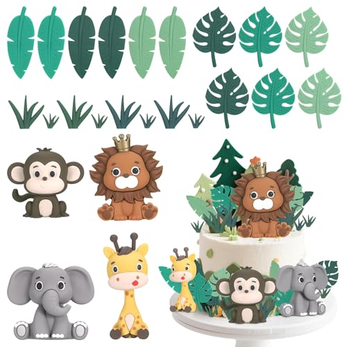 TranRantic 24 peças decoração para bolos animais, decoração bolo de selva com folhas, safari decoração de bolo reutilizáveis, decorações de festa de aniversário para meninos meninas bebé