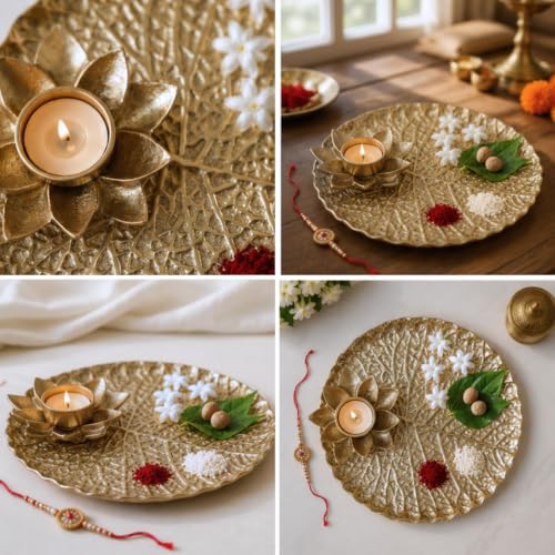 Image of BEHOMA Golden Metal Lotus Pooja Thali with Tea-Light Holder, 25.5cm | Golden lotus-design metal tray with tea-light holder; perfect pooja thali for weddings, haldi & mehndi.