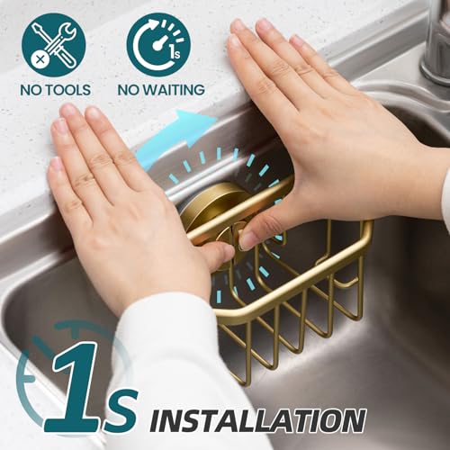 Image of TAILI Sponge Holder for Kitchen Sink with Strong Suction Cup-Gold | Removable Sink Caddy for Kitchen Sink Oganizer, Rustproof Aluminum Sink Sponge Holder for Scraper Brushes, Stoppers