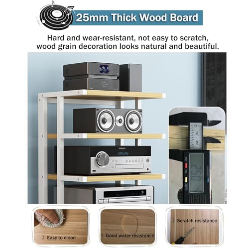 6-poziomowy mini stojak HiFi z kółkami, kompaktowy stojak na komponenty audio, drewniana i stalowa półka gramofonowa, do winylowych odtwarzaczy DVD i przechowywania multimediów, idealny sprzęt do gier