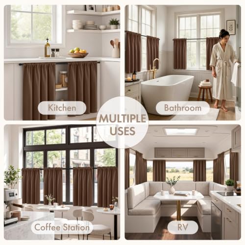 Image of MIULEE Short 45 Inch Blackout Kitchen Window Curtain Brown Set of 4 Panels
