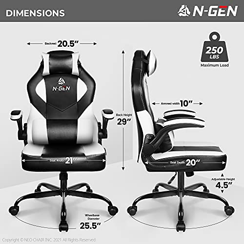 Image of N-GEN Gaming Chair Ergonomic Office Chair PC Desk Chair with Lumbar Support Flip Up Arms Levelled Seat Style Headrest PU Leather Executive High Back Computer Chair for Adults Women Men (4. White)
