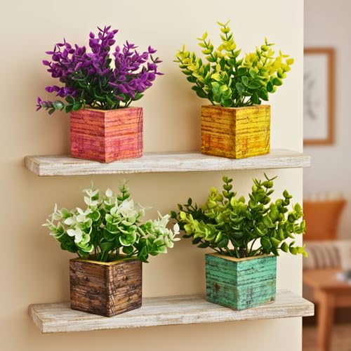 Image of DecoreBugs Artificial Mini Plant (4 Pack)| Small Artificial Faux Plants Home & Office Decor, Living Room, Bedroom, Tabletop & Shelves | Small Potted Plants | Stylish Wood Pot