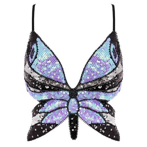 Mocure Womens Sparkly Butterfly Sequin Crop Tops Sexy Trendy Sleeveless Cute Butterfly Halter Tops Rave Wrap Tube Vest Top for Belly Dance Costume Outfits