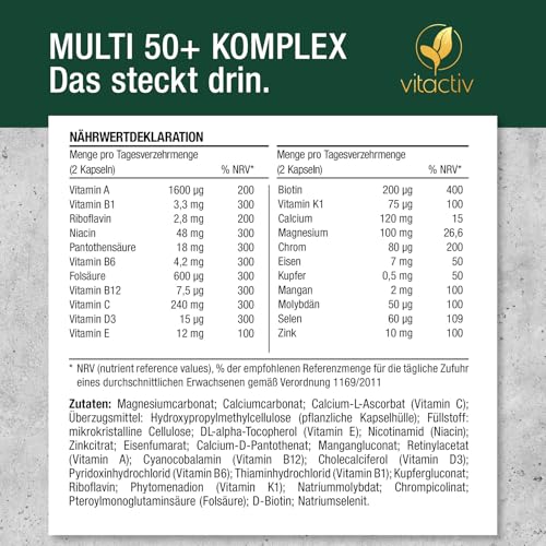 Vitactiv MULTI 50 plus - Multivitamin Komplex Menschen ab 50 - Vitamine, Mineralien, Spurenelemente - Vitamin B, C, E, K, D, Magnesium, Kalzium, Zink - Hochdosiert, Hormonfrei, ohne Jod - 60 Kapseln