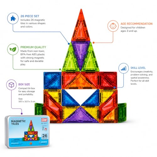 Image of Diamond Glass Tile Magnetic Building Blocks for Kids STEM (26 tiles) | Shinny Magnetic Pixelated Cube Construction Toy | Creative Learning Block Set for Boys & Girls Ages 3-10 | Birthday Gift