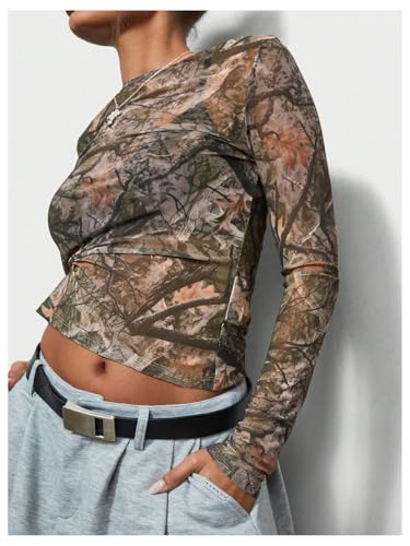 Women's Y2k Camo Print Crew Neck Crop Top Mesh Sheer Long Sleeve Fitted Tee Shirts3