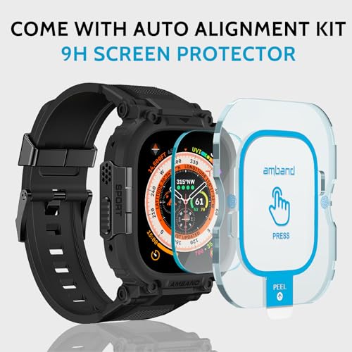 amBand Bands Case Screen Protector Compatible with Apple Watch Ultra 2/1 49mm, M1 Sport Series Rugged Cover Strap and 9H Tempered Glass Film, Military Protective Bumper for iWatch 49 mm Men Black