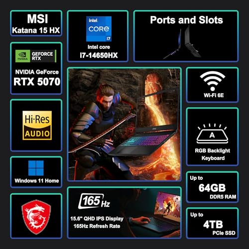 Image of msi Katana 15 HX Gaming Laptop 15.6 inch QHD 165Hz 100% DCI-P3 Intel 16-core i7-14650HX (>i9-12900H) 64GB DDR5 4TB SSD GeForce RTX 5070 DLSS4 (Up to 798 AI Tops) RGB Backlit Type-C Win11 ICP Acc