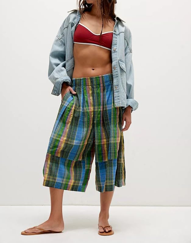 Womens Summer Boho Wide Leg Culotte Pant Elastic Waisted Colorful Plaid Capri Pants with Pockets4