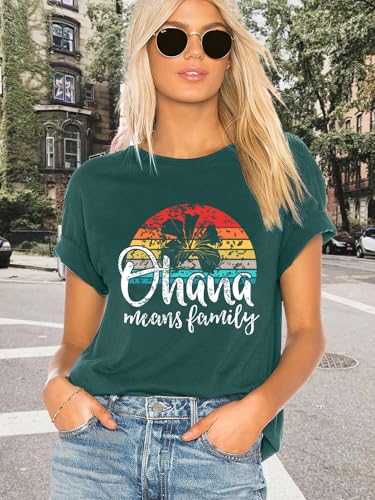 Image of Ohana Means Family Tshirt Women: Hawaii Tropical Graphic T-Shirt Summer Vacation Short Sleeve Tee Top