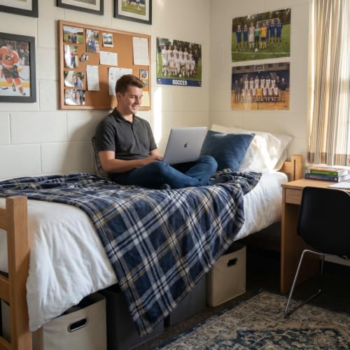 Image of BEDELITE Plaid Fleece Twin Blanket, Navy Tartan 60x80 Inches