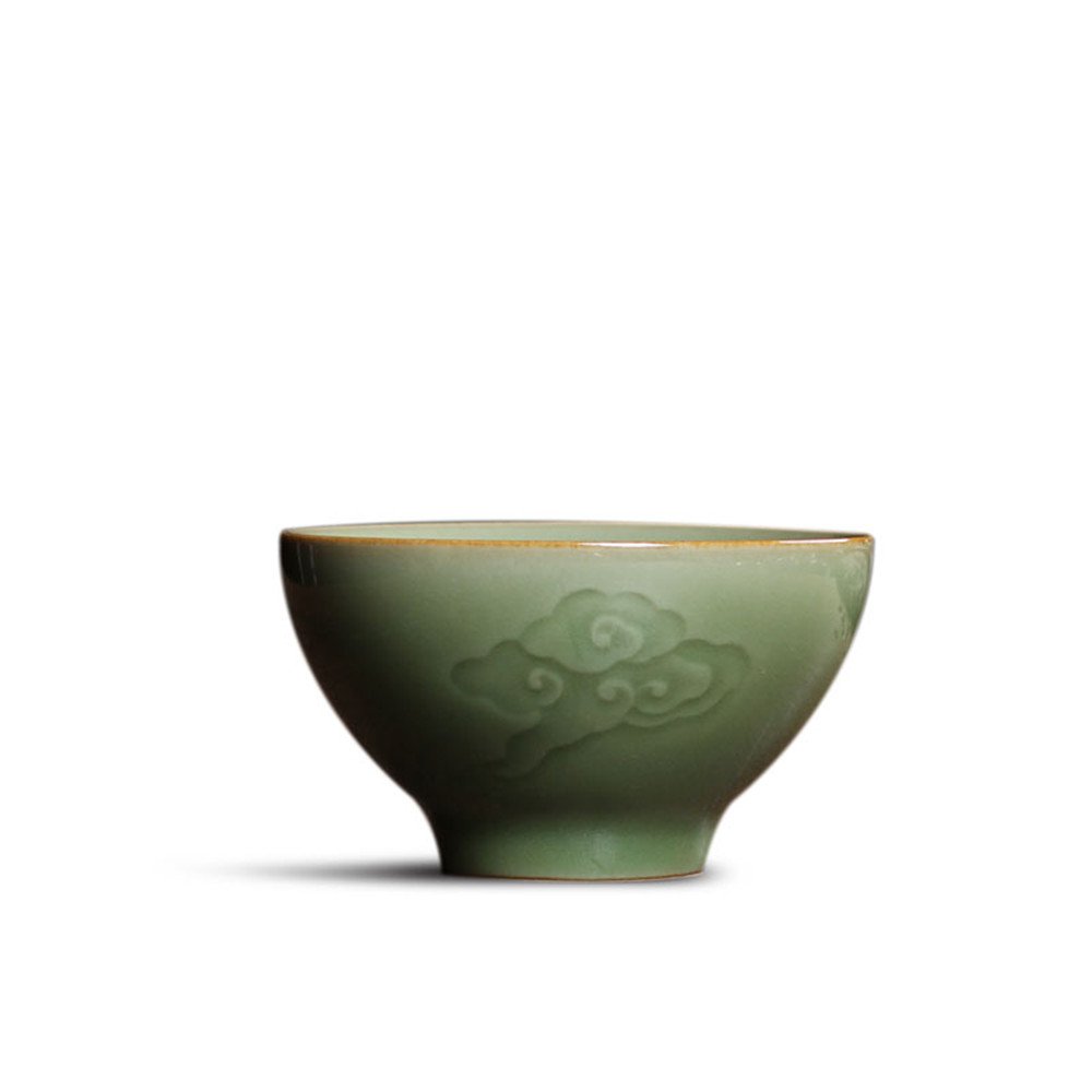 Celadon Chinese Kung Fu 2.5oz Teacups Engraved Auspicious Clouds Handcraft Porcelain Sake Cups(Y-Clouds)
