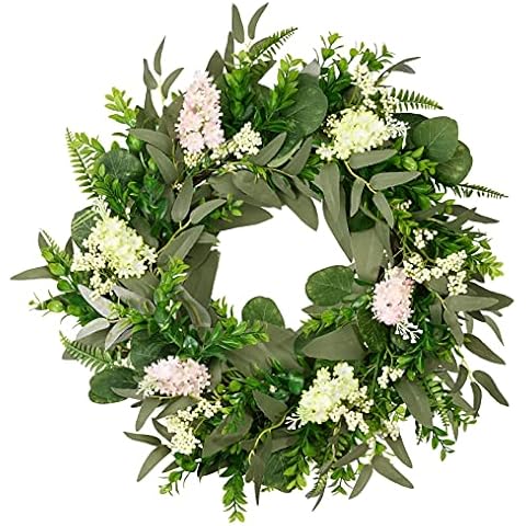 DDHS 18 inch Artificial Eucalyptus Wreath，Spring Wreaths for Front Door Green Leaf with Boxwood Berries for All Seasons Window Farmhouse Greenery Wreath for Spring/Summer Home Decor Cover