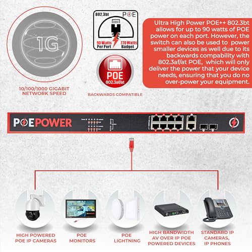 Image of 8 Port Unmanaged 802.3bt POE++ Extreme Power Gigabit POE Switch, Full 90 Watts on Each Port, 770 Total Watts Budget, 4 Additional Ethernet & SFP Uplinks, 10 /100 /1000, UL Listed TAA Compliant