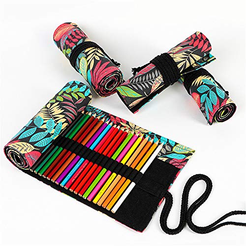Image of Funny live 24 /36 /48 /72 Slots Colored Pencil Wrap Roll up Pen Holder Case Drawing Coloring Pencil Roll Organizer Stationery Case for Student Artist Traveler (Fallen leaves, 48 Slots)
