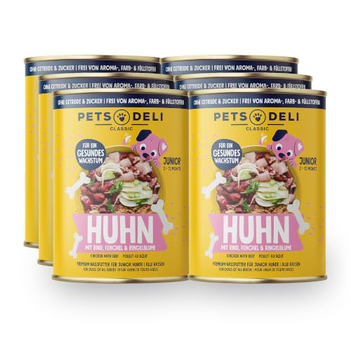 Pets Deli Junior Nassfutter für Hunde mit Huhn, 6x400g