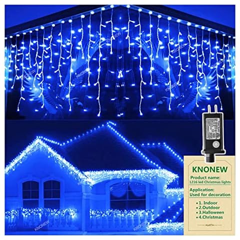 Christmas Lights Outdoor Decorations 1216 LED 99ft 8 Modes Curtain Fairy String Light with 228 Drops, Clear Wire LED String Light Indoor Decor for Wedding Party Holiday Christmas Decoration Blue Cover