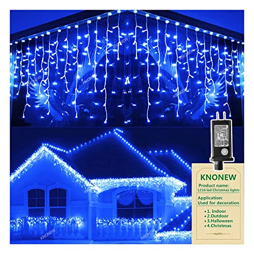 Christmas Lights Outdoor Decorations 1216 LED 99ft 8 Modes Curtain Fairy String Light with 228 Drops, Clear Wire LED String Light Indoor Decor for Wedding Party Holiday Christmas Decoration Blue