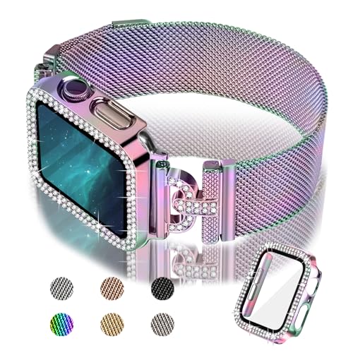 JOYOZY Magnetic Band Compatible with Apple Watch Band 38mm 40mm 41mm 42mm 44mm 45mm 46mm Milanese Strap with Bling Glitter Case Built-in Screen Protector Dressy Stainless Steel iWatch Loop for Women