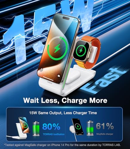 Image of TORRAS 3 in 1 Charging Station with MagSafe Charger Stand, Cooling 15W Max Fast Charging, Foldable Wireless Charger for iPhone 15 /14 /13 /12, Apple Watch S1-8 /Ultra, AirPods(30W USB-C Charger Included)