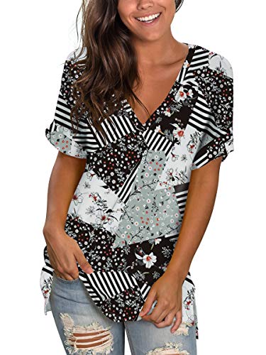 Image of Sampeel Women's V Neck T Shirts Casual Rolled Short Sleeve Side Split Summer Tops Loose Fit