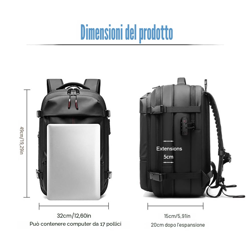 Zaino sottovuoto da viaggio, 62 l, espandibile, con compressione sottovuoto, antifurto, dotato di dispositivo di aspirazione dell'aria