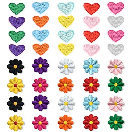 LEEQBCR Lote de 40 parches termoadhesivos para ropa, parches de flores de margarita, termoadhesivos y mini parches de corazón de colores para embellecer y reparar ropa, decoración de bricolaje