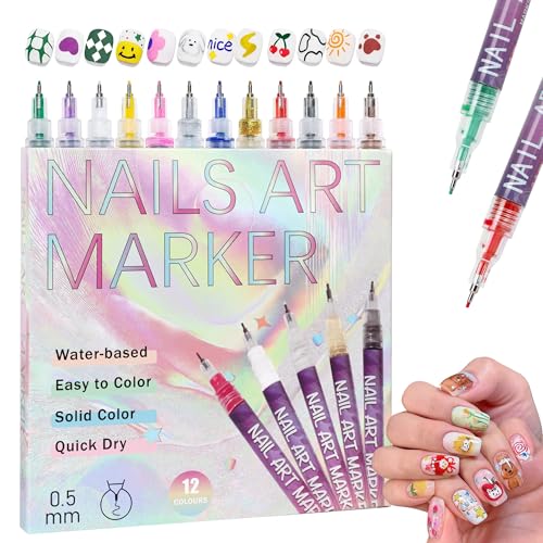 12 Colors Nail Art Pens Set: Fine Tip 0.5mm Quick-Dry Nail Art Ma...